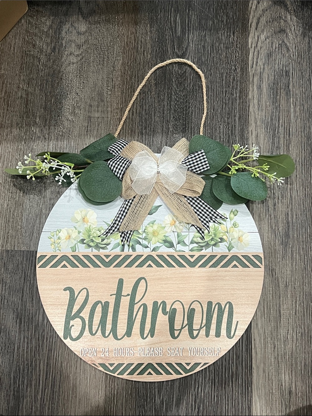 New Bathroom Round Hanging Sign with Greenery and Bow